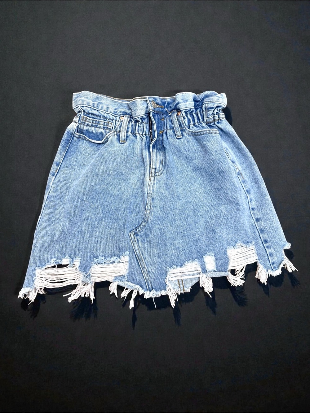 Vestique Distressed Denim Paperbag Mini Skirt Size S